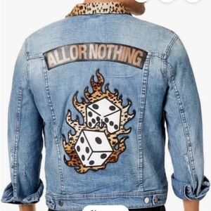 Guess men’s Rex Blue Denim Jacket Leopard faux fur Print Collar / back dice L